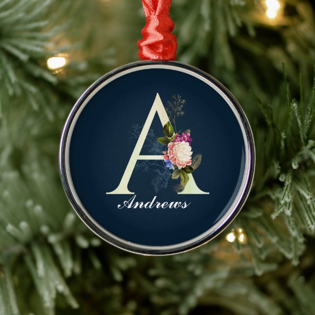 Extravagantes florales Monogramm A dunkelblau Ornament Aus Metall (Baum)