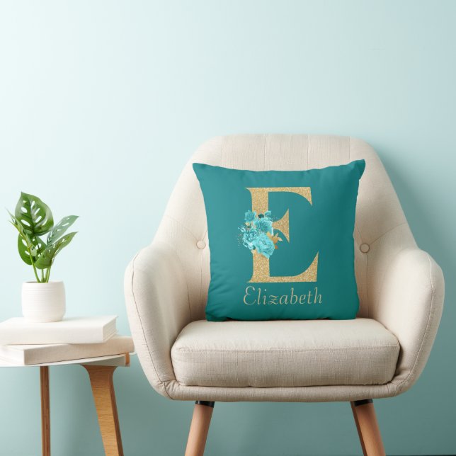 Extravagantes Gold und Aqua Floral Letter E Throw  Kissen (Stuhl )