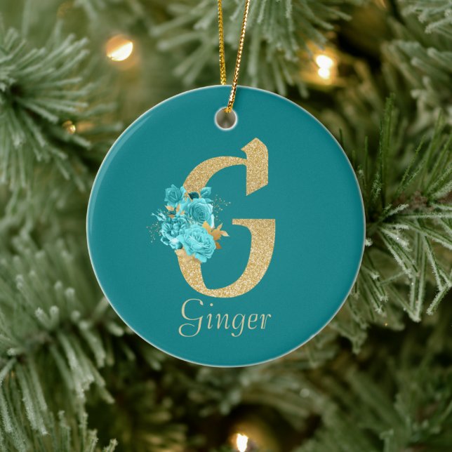 Extravagantes Gold und Aqua Floral Letter G Keramik Ornament (Baum)