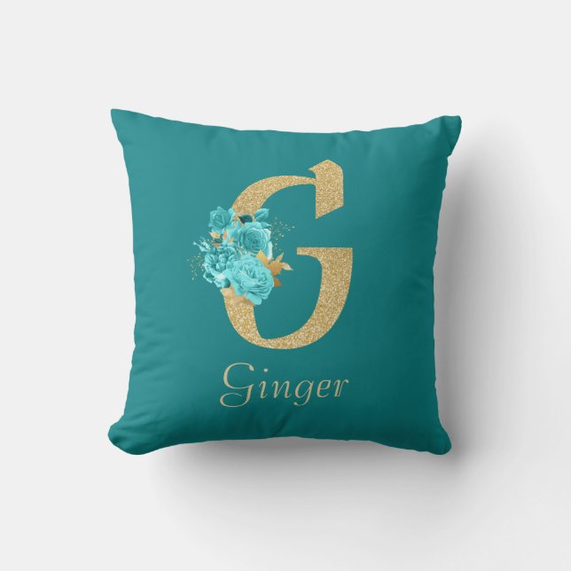 Extravagantes Gold und Aqua Floral Letter G Keuchk Kissen (Vorderseite)
