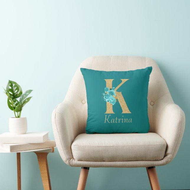 Extravagantes Gold und Aqua Floral Letter K Keuchk Kissen (Stuhl )