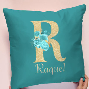 Extravagantes Gold und Aqua Floral Letter R Keuchk Kissen