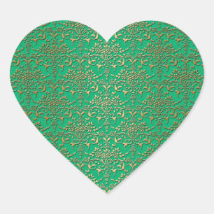 Extravagantes Green und Gold Damask Muster Herz-Aufkleber
