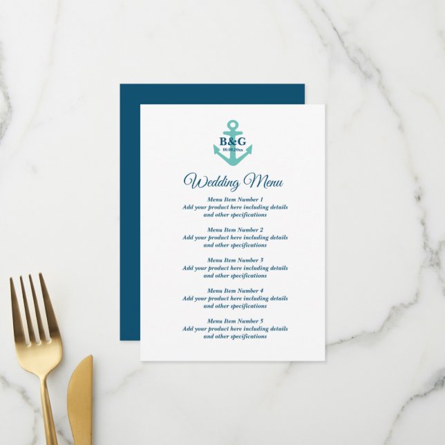 Extravagantes Hochzeitsmenü mit Logo für den Anker Menükarte (Vorderseite/Rückseite Beispiel)