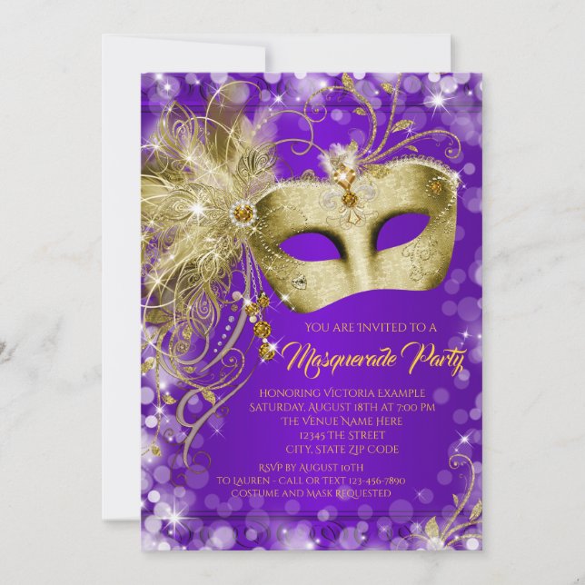 Extravagantes Lila Gold Glitzer Masquerade Party Einladung (Vorderseite)