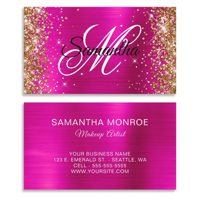 Extravagantes Monogramm für den Glitzer aus Gold Visitenkarte (Gold Glitter Hot Pink Foil Fancy Monogram Business Cards)