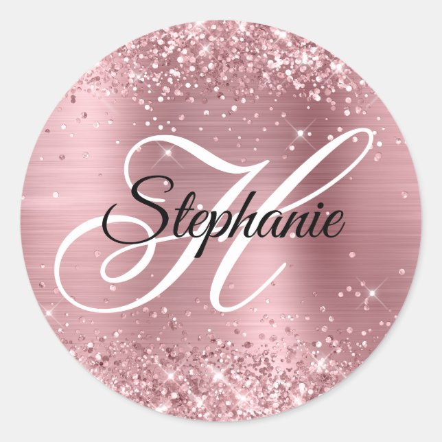 Extravagantes Monogramm für Glittery Light Pink Fo Runder Aufkleber (Vorderseite)