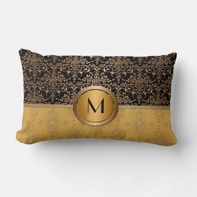 Extravagantes Monogramm-Gold- und Schwarz-Damaskus Lendenkissen (Vorderseite)