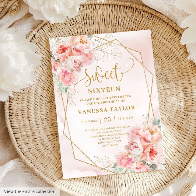 Extravagantes Pulver Pink Gold Blume Sweet 16 Einl Einladung (Fancy Powder Pink Gold Flowers Sweet 16 Invitation)