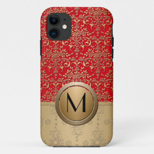 Extravagantes Red and Gold Monogram Damask Muster iPhone 11 Hülle