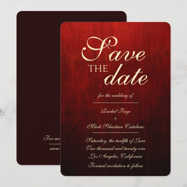 Extravagantes Rot & Gold Save the Date Einladung (Vorne/Hinten)