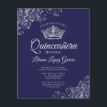 Extravagantes Silver & Navy HAUSHALT Quinceañera E<br><div class="desc">Diese preiswerten und preisgünstigen Einladungen in Quinceañera sind die perfekte Wahl für Klasse, Stil und Schönheit auf einem Budget. Das Design zeichnet sich durch einen dunkelblauen Hintergrund mit einer silbernen Krone und verzierten silbergrauen Gardinen und Wirbel in den Ecken aus. Die Typografie beinhaltet extravagante Schriftzeichen für einen Stil, der gleichzeitig...</div>
