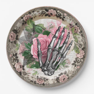 Extravagantes Skelett Hand mit Rose Vintag Hallowe Pappteller