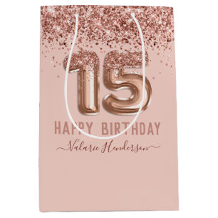 Extravagantes Skript Rosa Glitzer Happy 15. Geburt Mittlere Geschenktüte