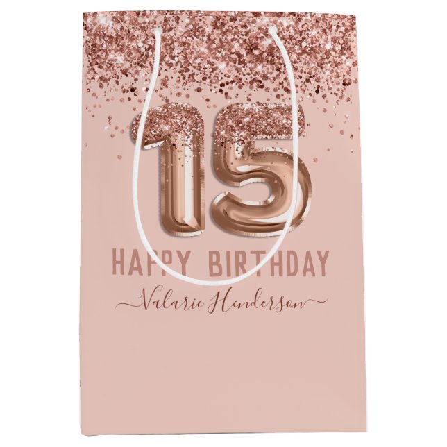 Extravagantes Skript Rosa Glitzer Happy 15. Geburt Mittlere Geschenktüte (Vorderseite)
