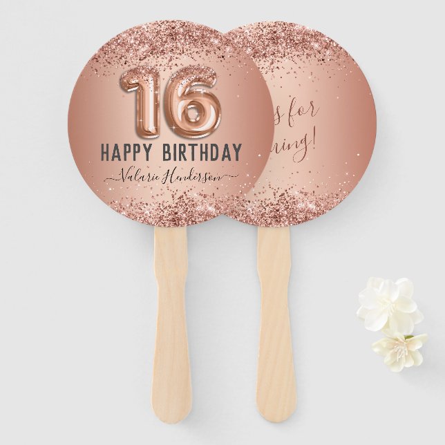 Extravagantes Skript Rosa Glitzer Happy 16. Geburt Fächer (Vorne und Hinten)