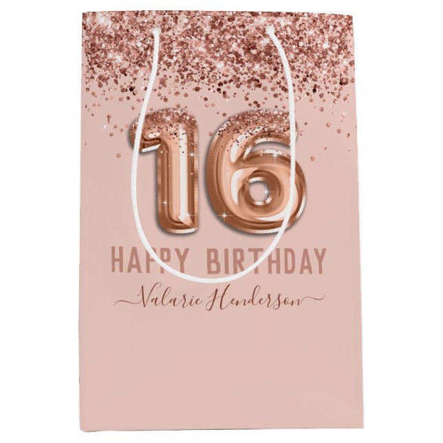 Extravagantes Skript Rosa Glitzer Happy 16. Geburt Mittlere Geschenktüte (Vorderseite)