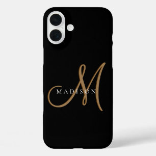 Extravagantes, stylisches Black and Gold Monogram iPhone 16 Plus Hülle
