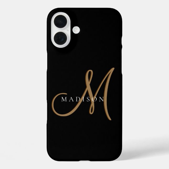 Extravagantes, stylisches Black and Gold Monogram  iPhone 16 Plus Hülle (Rückseite)