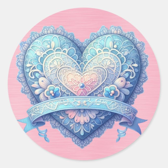 Extravagantes Valentin in Blau und Rosa Runder Aufkleber (Vorderseite)