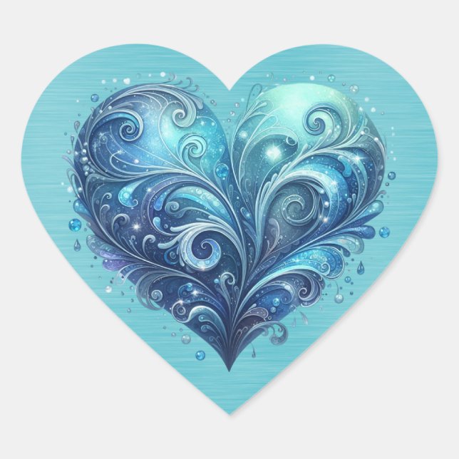 Extravagantes Valentinherz in Blau und Türkis Herz-Aufkleber (Vorderseite)