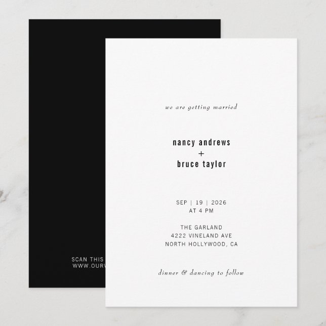 Extrem minimale moderne Typografie QR Code Hochzei Einladung (Vorne/Hinten)