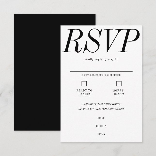 Extrem minimale Typografie Schwarz-weiße Hochzeit RSVP Karte (Vorne/Hinten)