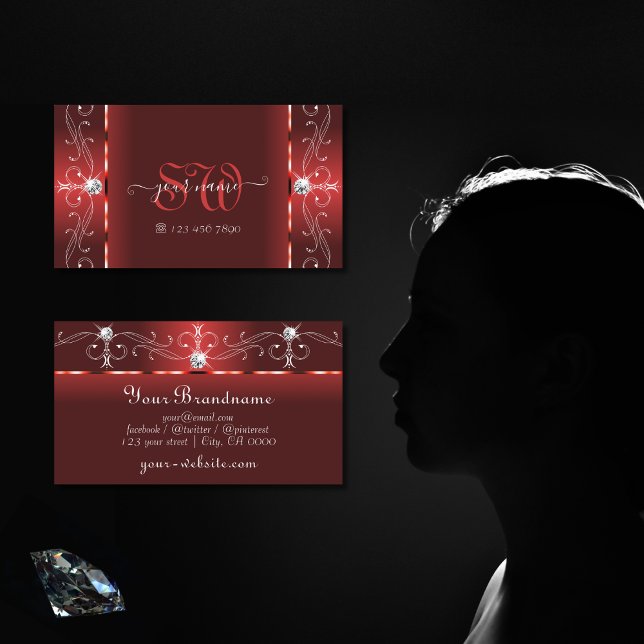 Eye Catching Rubby Red Squiggled Jewels Monogram Visitenkarte (Von Creator hochgeladen)