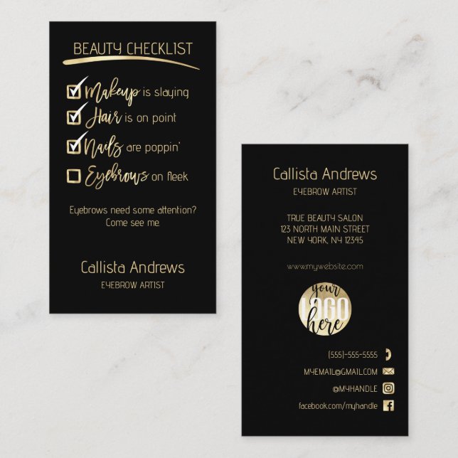 Eyebrow Gold Black Beauty Checklist Business-Logo Terminkarte (Vorne/Hinten)