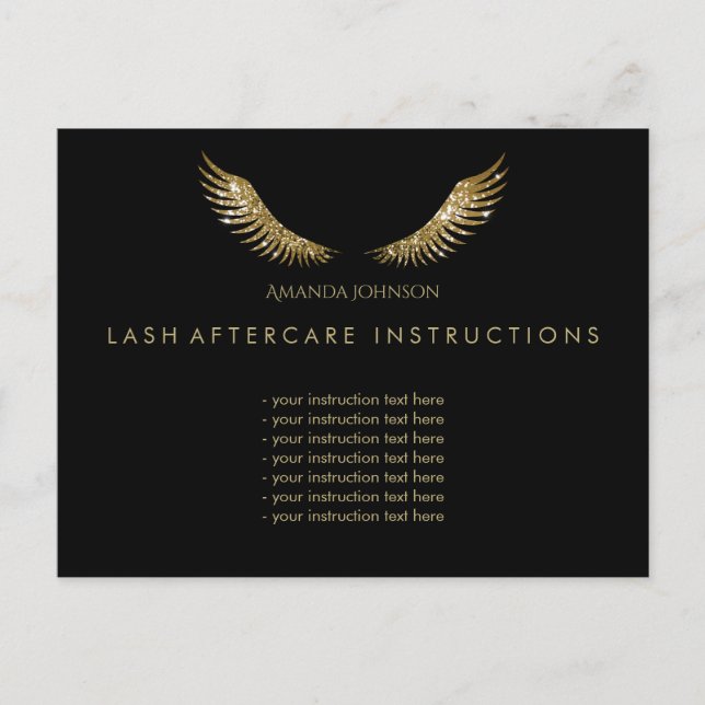 Eyelash Aftercare Instructions Golden Wings Black Postkarte (Vorderseite)