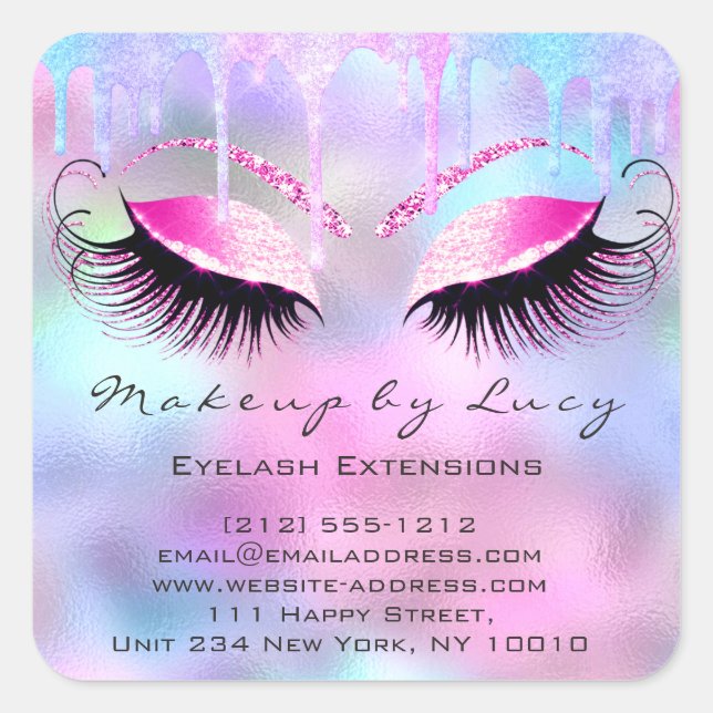 Eyelash Beruflich Makeup Unicorn Holograph Pink Quadratischer Aufkleber (Vorderseite)