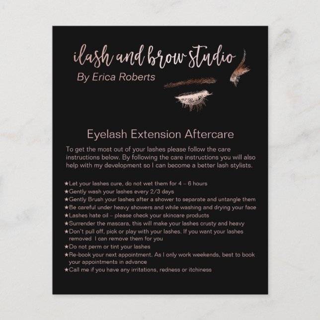 Eyelash & Brow Makeup Artist Aftercare Instruction Flyer (Vorne)