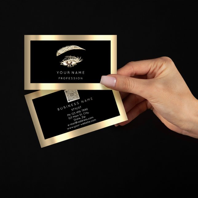 Eyelash Brow Makeup Logo Qr Code Schwarzer Goldrah Visitenkarte (Eyelash Brow Makeup Logo Qr Code Black Gold Frame Business Card)