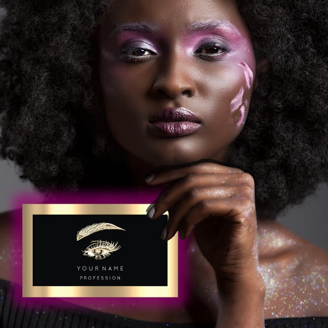 Eyelash Brow Makeup Logo Qr Code Schwarzer Goldrah Visitenkarte (Eyelash Brow Makeup Logo Qr Code Black Gold Frame Business Card)