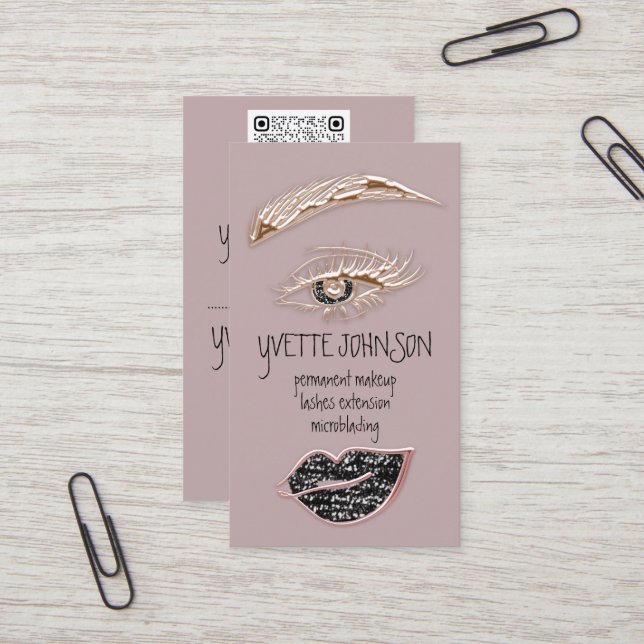 Eyelash Brow Makeup Logo QRCode Lips Rose Schwarz Visitenkarte (Vorderseite/Rückseite Beispiel)