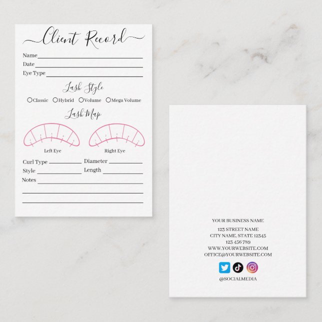 Eyelash-Client-Record Form Business Card Visitenkarte (Vorne/Hinten)
