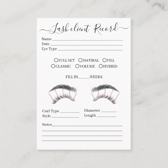 Eyelash-Client-Record Form Business Card Visitenkarte (Vorderseite)