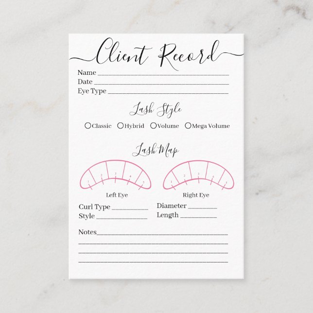 Eyelash-Client-Record Form Business Card Visitenkarte (Vorderseite)