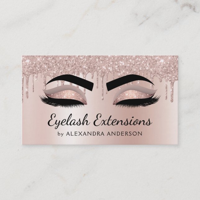 Eyelash-Erweiterungen Dripping Glitzer Rose Gold Visitenkarte (Vorderseite)