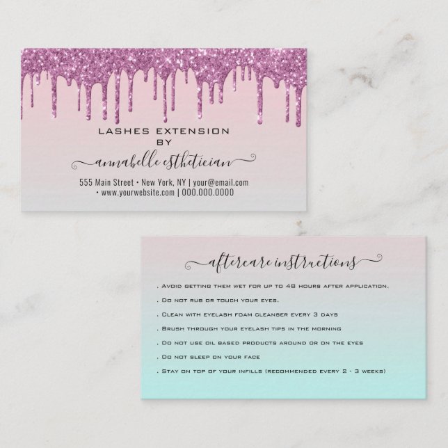 Eyelash Extension Aftercare Instruction Glitzern Visitenkarte (Vorne/Hinten)