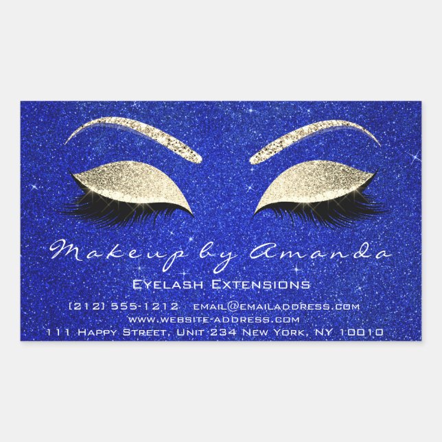 Eyelash Extension Makeup Beauty Salon Blue Gold Rechteckiger Aufkleber (Vorderseite)