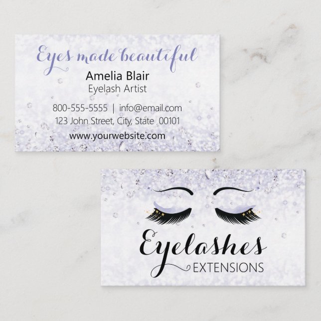 Eyelash Extensions Glitzern und Diamonds Lila Visitenkarte (Vorne/Hinten)