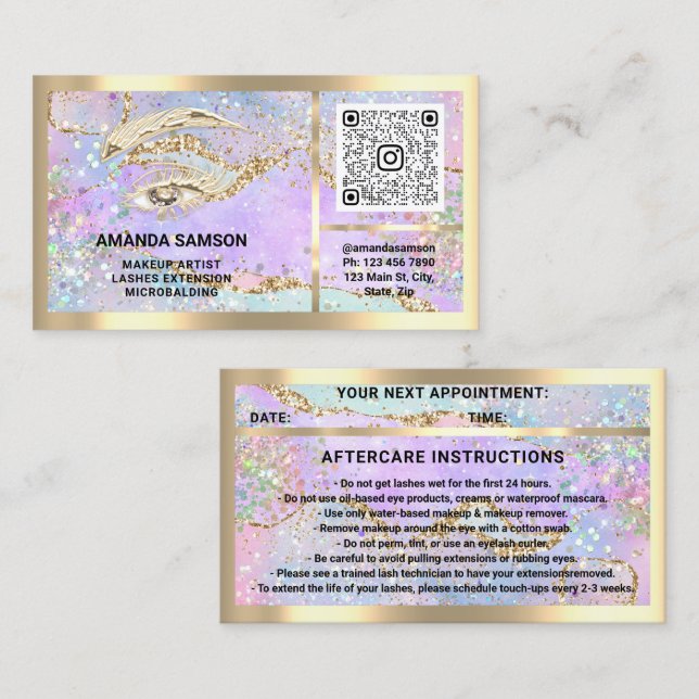 Eyelash Microblade QRCODE Aftercare Gold Holograph Visitenkarte (Vorne/Hinten)