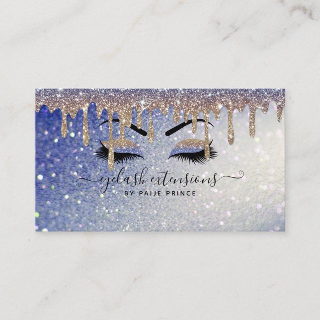 Eyelash Tech Lash Stylist Gold Blue Glitzer Tropfe Visitenkarte (Vorderseite)