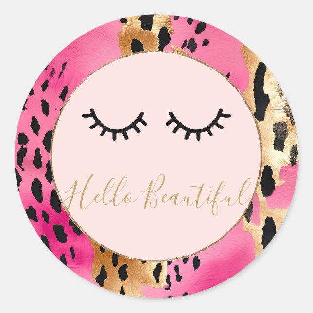 Eyelashes Girly Pink Glam Black Gold Leopard Runder Aufkleber (Vorderseite)