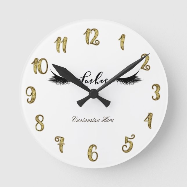 Eyelashes Lashes Gold & Black Glam Personalisiert Runde Wanduhr (Vorderseite)