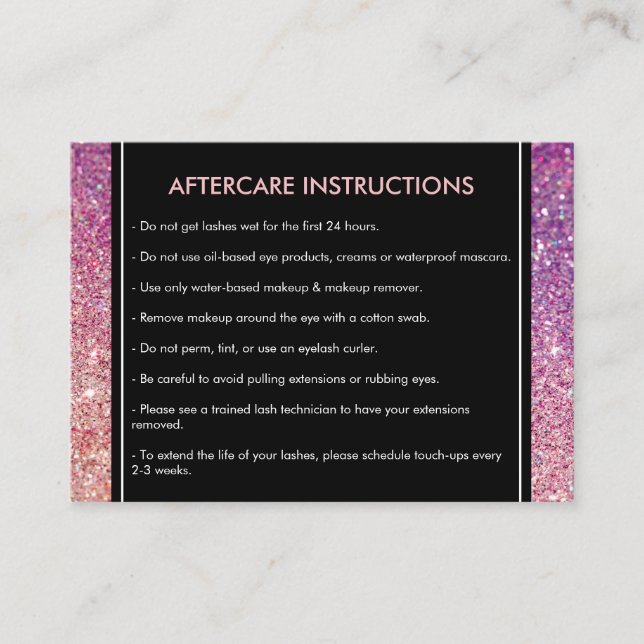 Eyelashes Lila/rosa Glitzer Salon Aftercare Card Visitenkarte (Vorderseite)