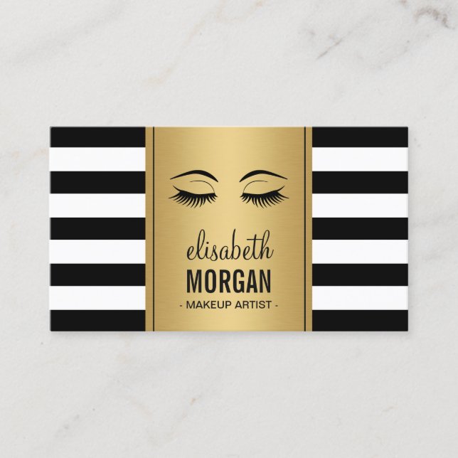 Eyelashes Makeup Logo Schwarz-weiße Streifen Visitenkarte (Vorderseite)