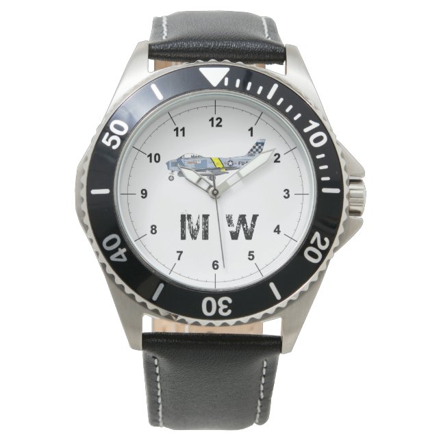 F-86 Säbel | Mit Monogramm klassisches Flugzeug Armbanduhr (Vorderseite)