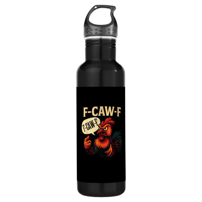 F Caw F Funny Angry Rooster Graphic Retro Style Edelstahlflasche (Vorderseite)